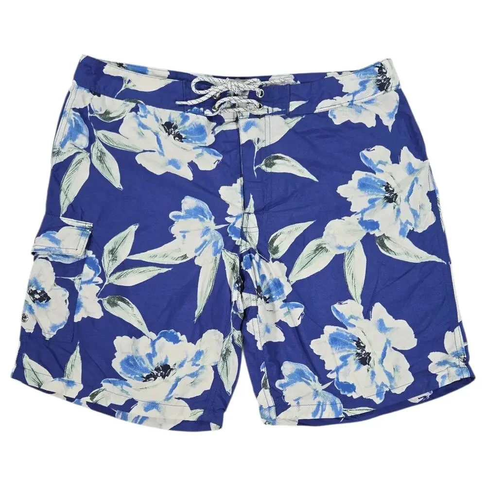 J Crew Men 34 Blue Floral Drawstring Swim Trunks Shorts Cargo Pocket Summer Surf